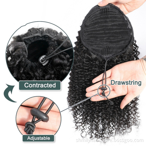 Brazilian Kinky Curly Straight Human Hair Drawstring Ponytail Clip In Hair Extensions Natural Color Puff Ponytail Products